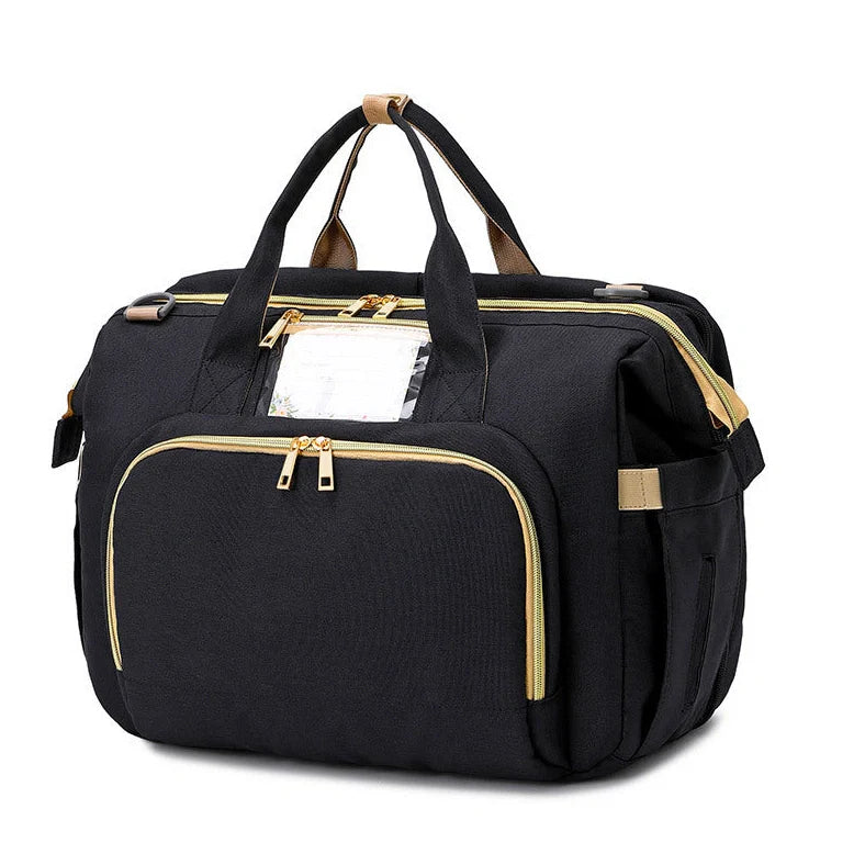 Portable folding crib mummy bag showing 40x19x32cm dimensions with Oxford cloth exterior