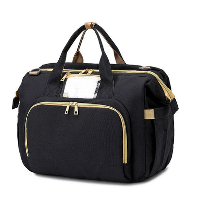 Portable folding crib mummy bag showing 40x19x32cm dimensions with Oxford cloth exterior