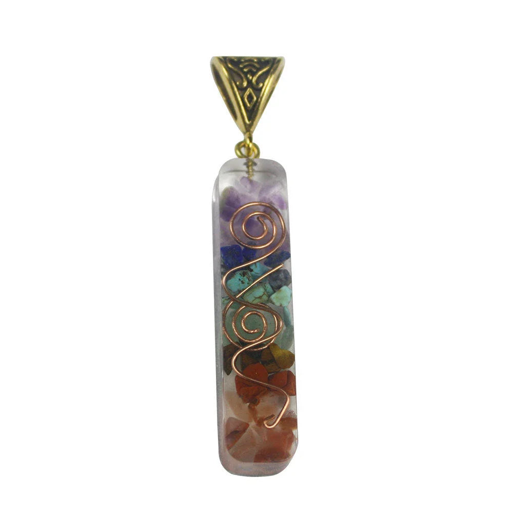 A stylish 7-chakra crystal pendant featuring a unique geometric design and natural stone patterns