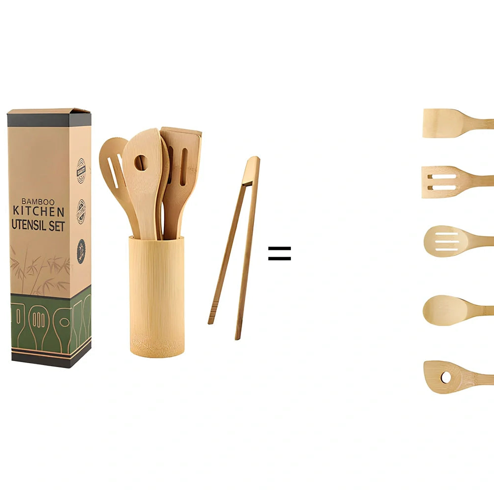 Bamboo spatula set with square bamboo holder containing various cooking utensils with ergonomic handles
