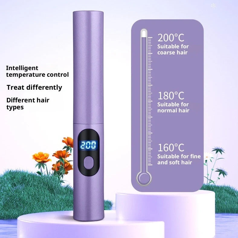 Purple wireless straight comb with digital display and ceramic heating plates for cord-free hair styling