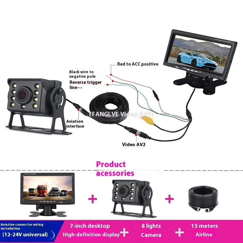 7-inch car monitor and reversing display with camera and video cable, TFT screen, ABS housing, desktop or rearview mirror fitting.