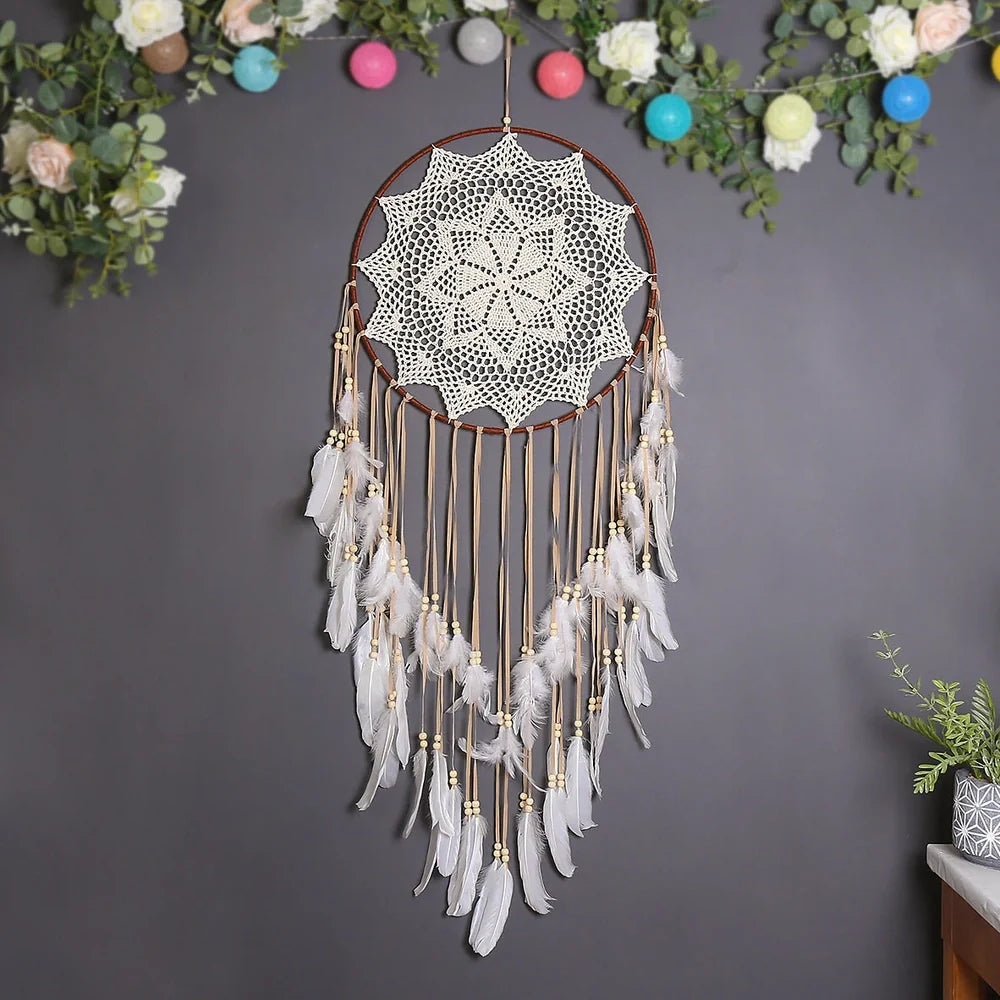 Bohemian dreamcatcher wall hanging with 30 cm iron ring frame and hollow design in MS9141A warm tone