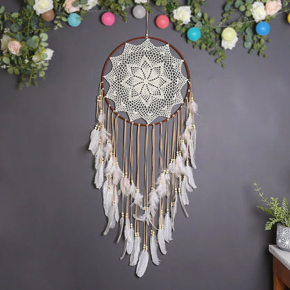 Bohemian dreamcatcher wall hanging with 30 cm iron ring frame and hollow design in MS9141A warm tone