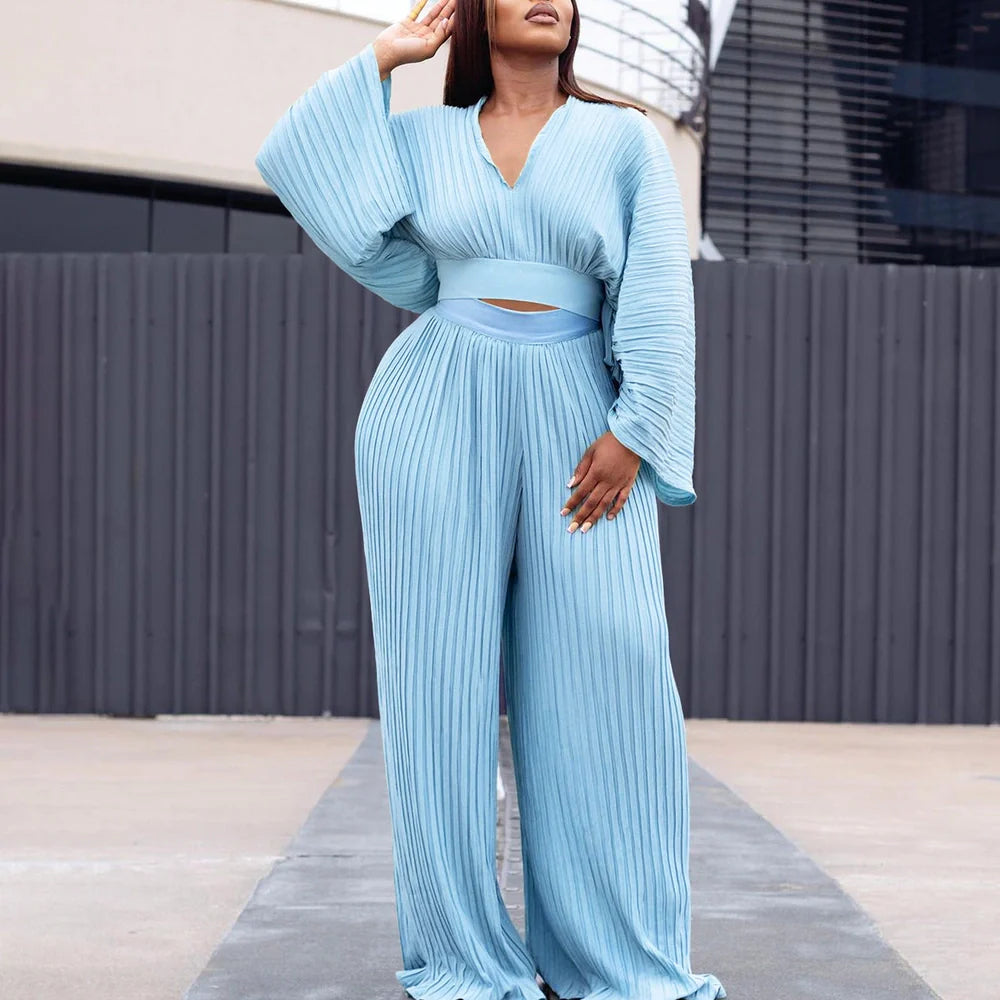 Wide leg trousers two-piece set with batwing sleeves in sapphire blue colour