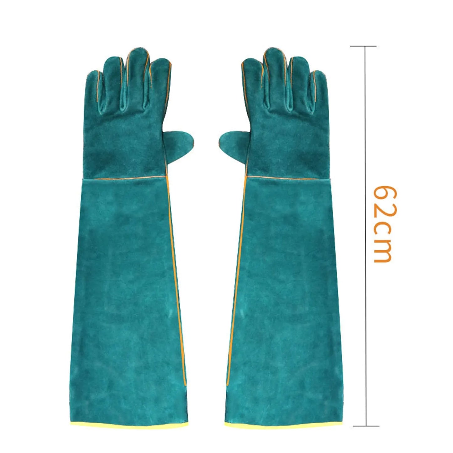 Dark green cowhide leather animal handling gloves with extended sleeve cuffs