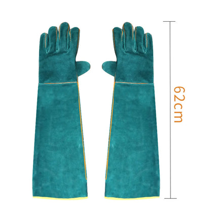 Dark green cowhide leather animal handling gloves with extended sleeve cuffs