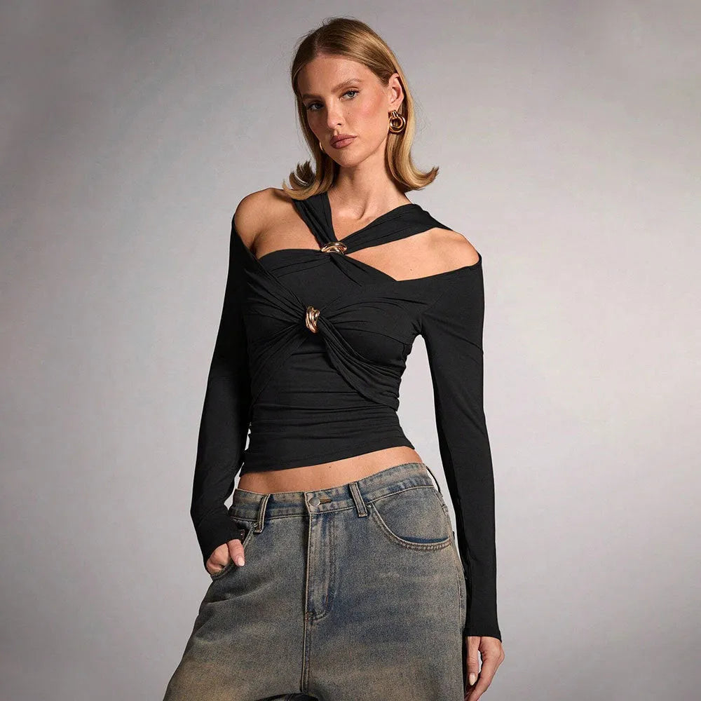Black women's halter top with long sleeves and a 40cm short length in a slim fit.