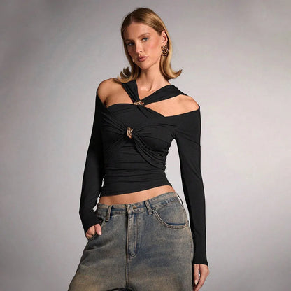 Black women's halter top with long sleeves and a 40cm short length in a slim fit.