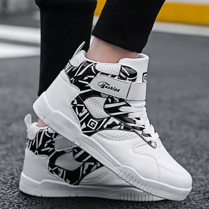 Men's high-top casual sneakers with Velcro closure in black and white colors