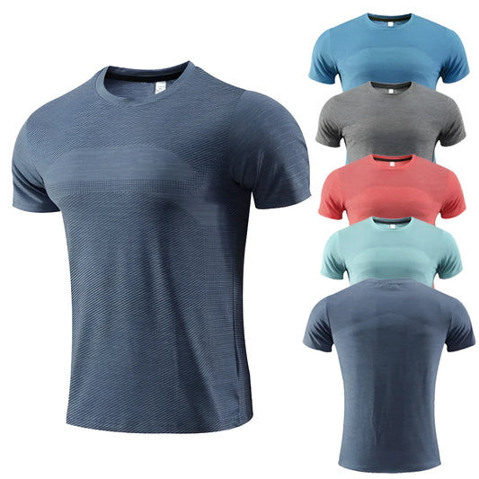 Close-up of a red polyester-spandex sports t-shirt on a hanger, showing the short sleeve and fabric texture.