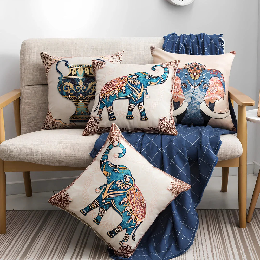 45x45cm linen cushion cover with flower frame left elephant design on national style pillowcase