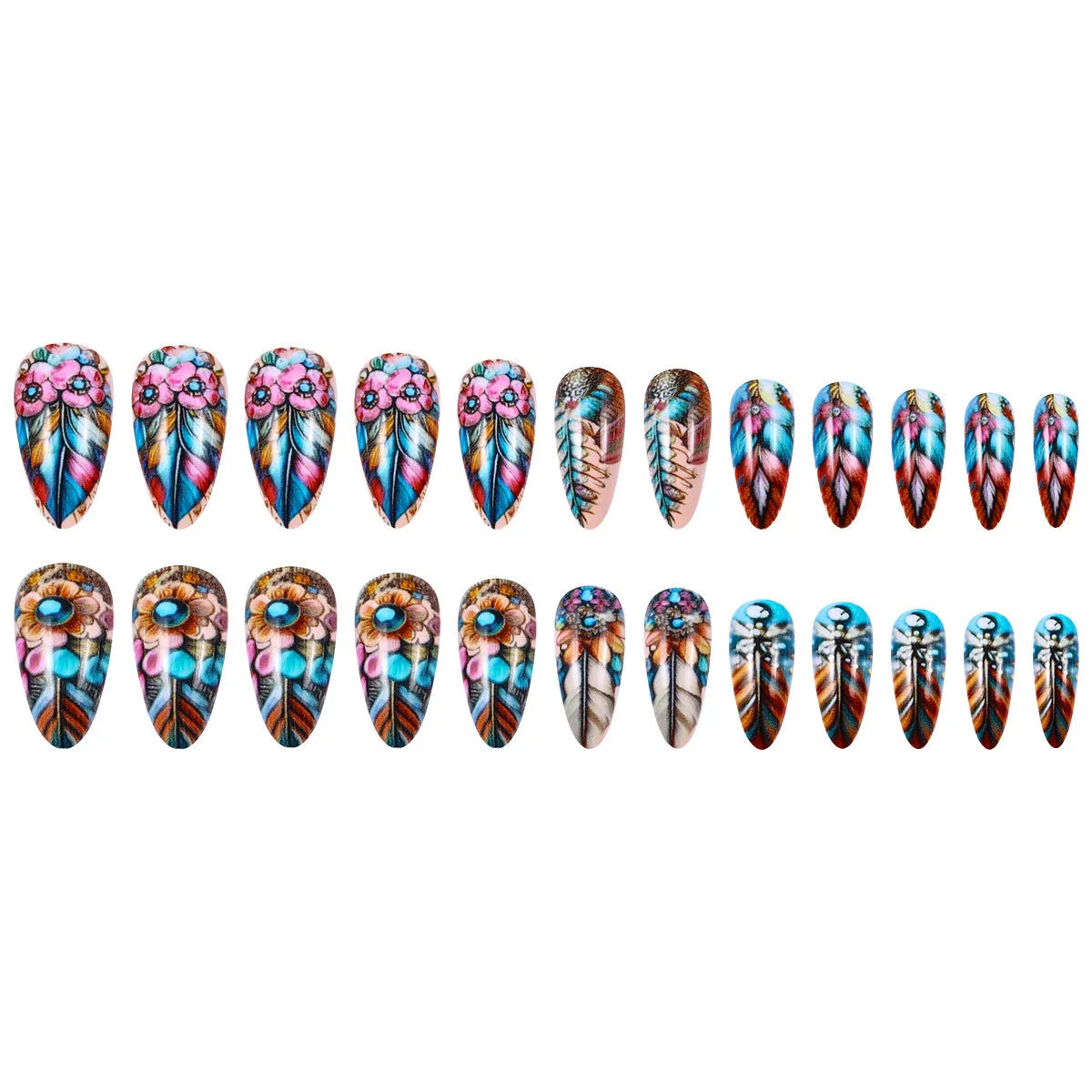 Retro style nail art decals featuring colourful feather armour designs with cartoon, flower, love, butterfly, and cross heart patterns.