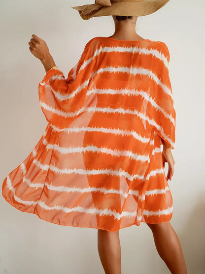 Women's chiffon three piece swimsuit with color blocking pattern and cardigan