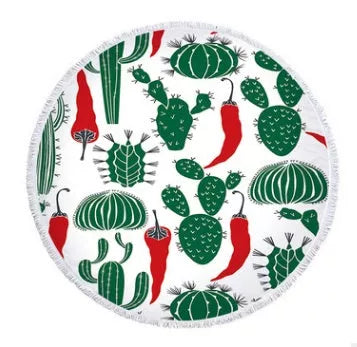 Round microfiber beach towel with cactus design, 60 inches in diameter