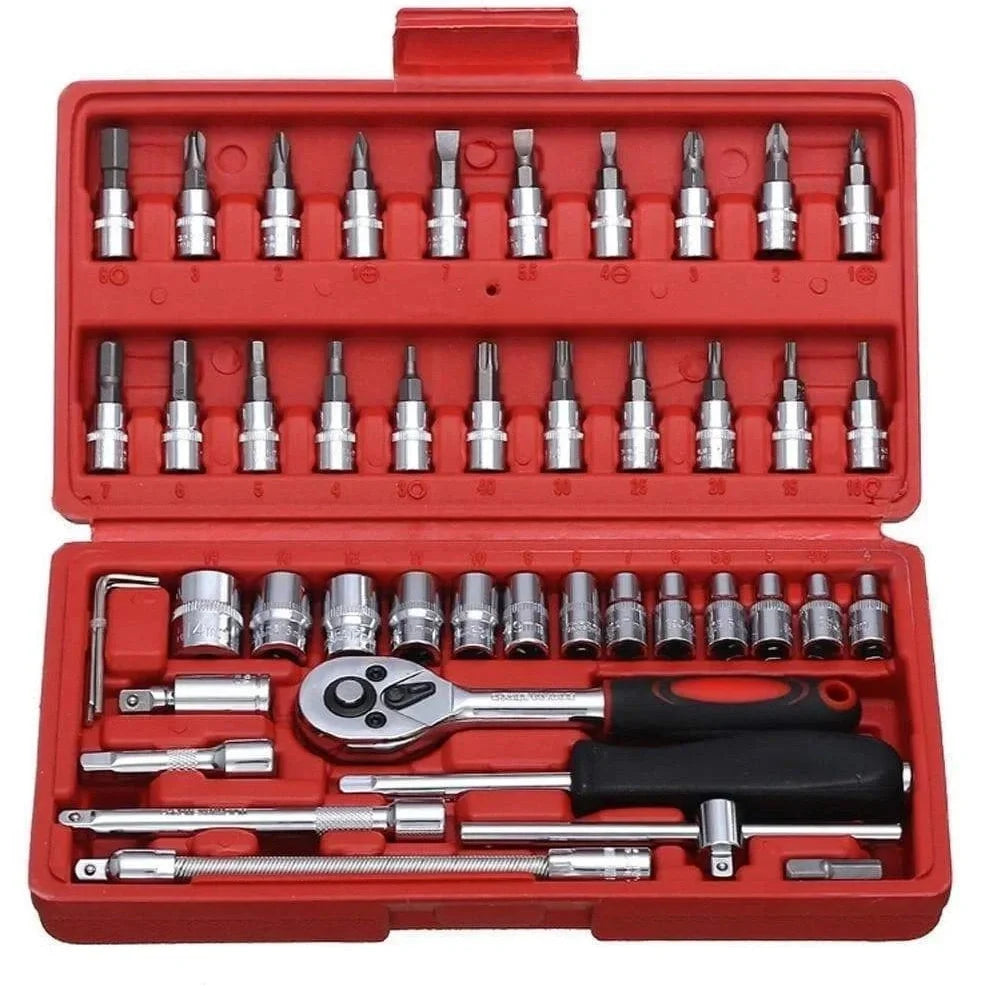 46 piece socket set with red storage box containing chrome vanadium steel sockets and extensions