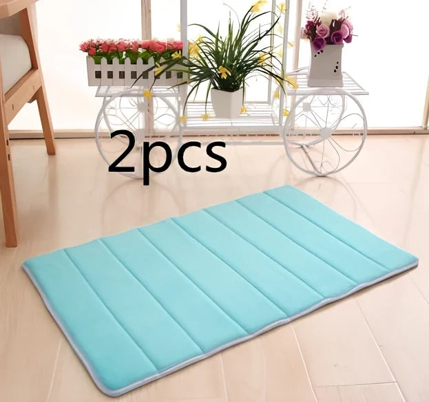 Memory foam bathroom carpet with coral fleece surface and non-slip latex backing in beige colour