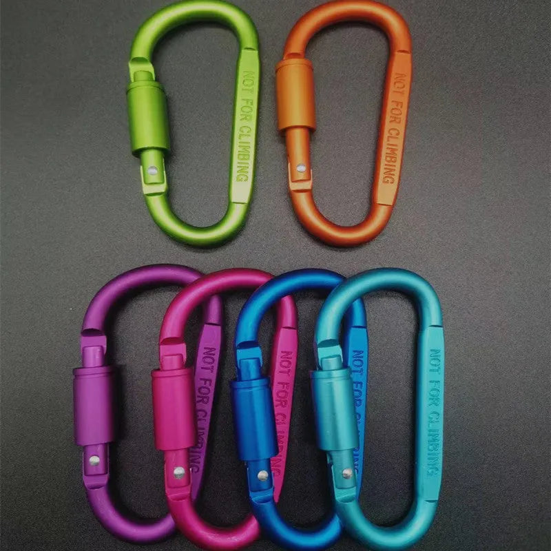 D-type aluminium climbing carabiner with screw-lock gate in bright black colour, 8cm flat design