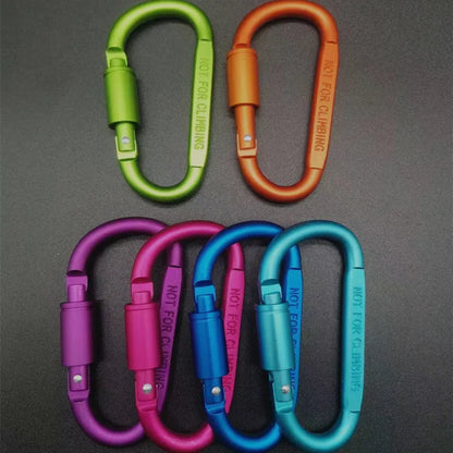 D-type aluminium climbing carabiner with screw-lock gate in bright black colour, 8cm flat design