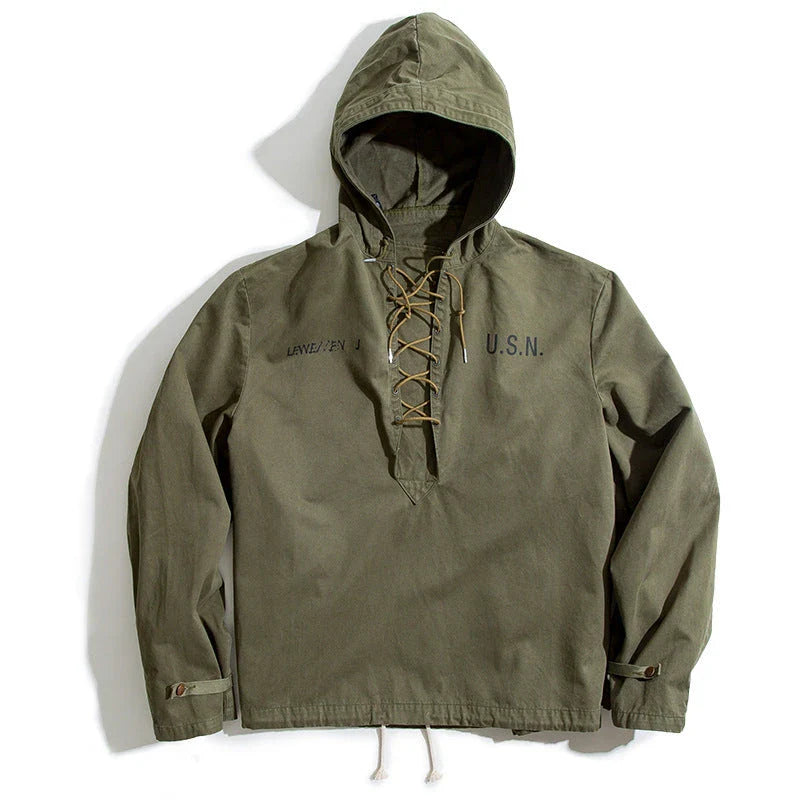 Rugged military-style hooded jacket for men made of durable cotton fabric with wind-resistant features and classic design