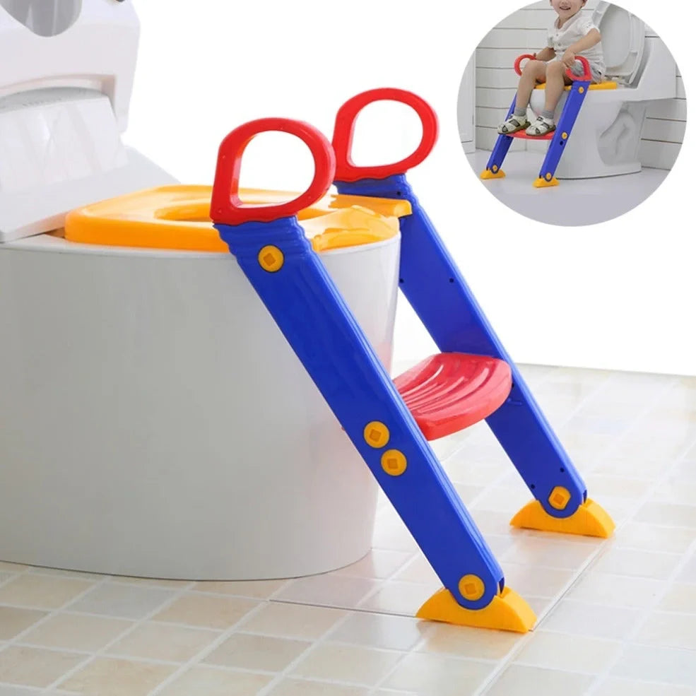Purple, red and yellow adjustable baby potty training toilet ladder with double handrails folded to 51x7x37cm