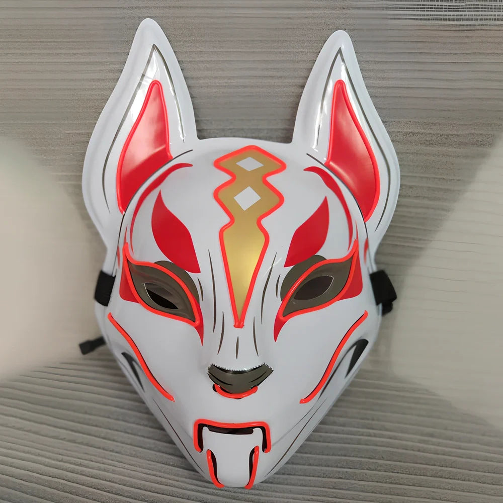 Glowing blue cat face mask with LED illumination measuring 28cm by 18cm for cosplay and Halloween events
