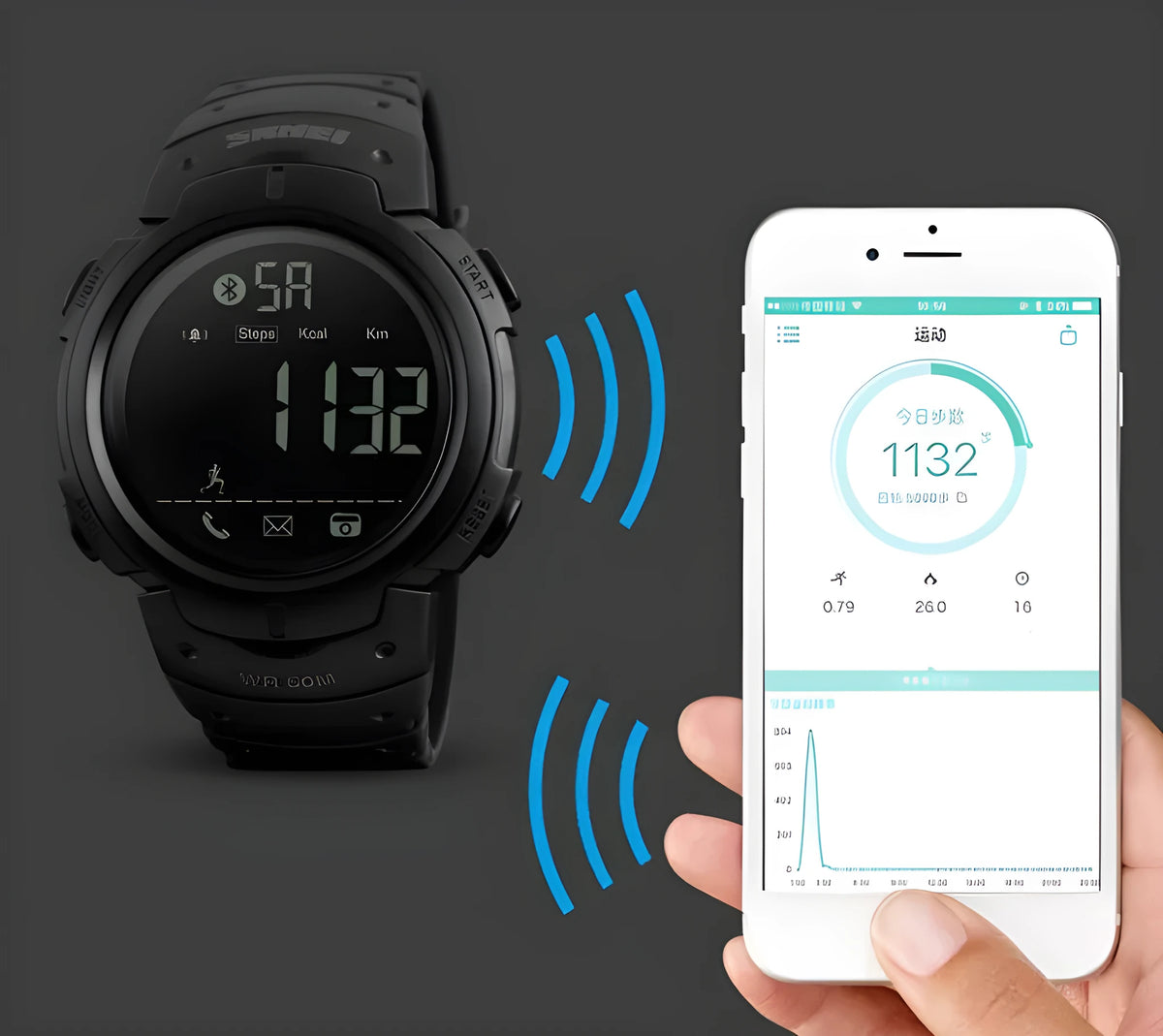 Sports smart watch with 50mm black dial and Bluetooth connectivity for iOS and Android