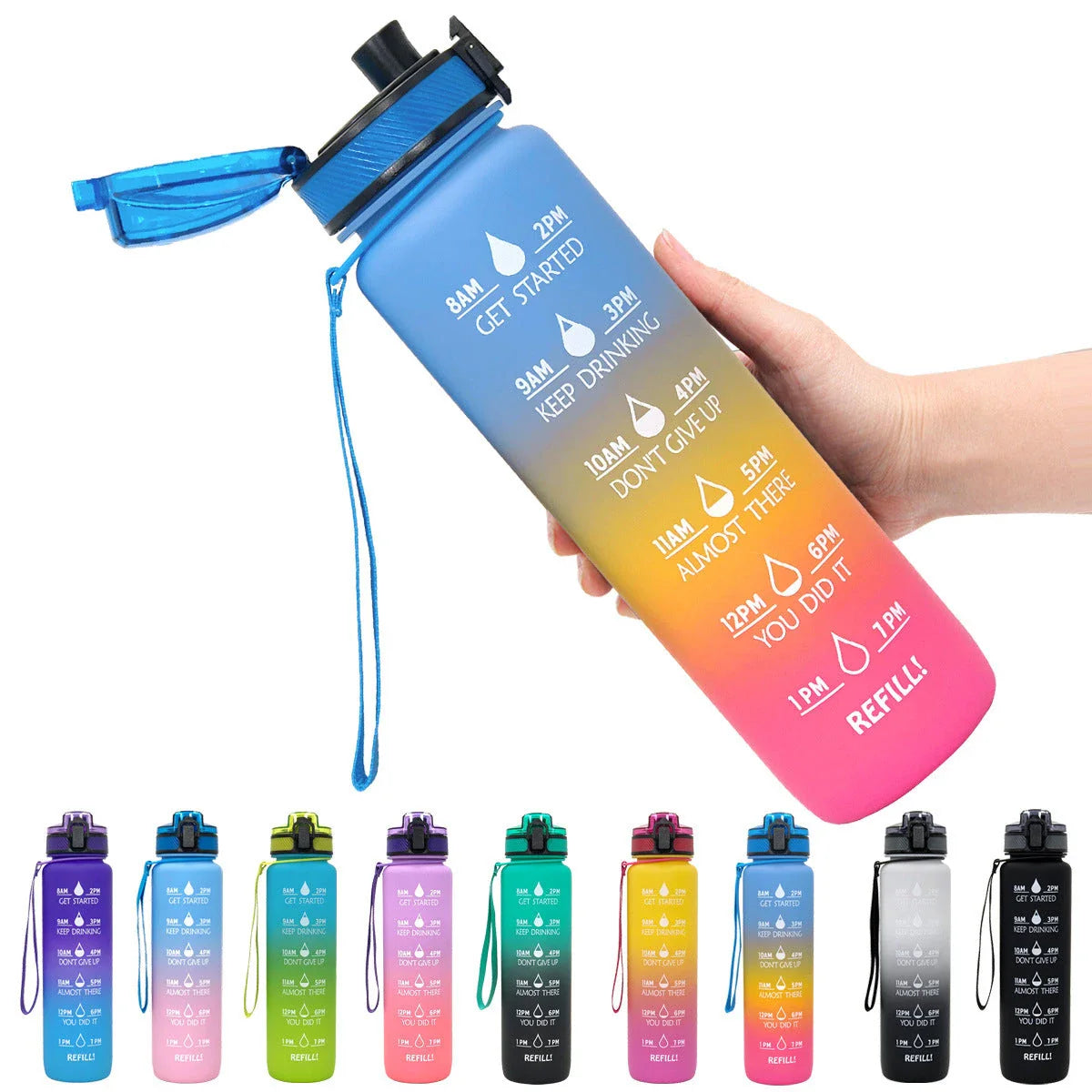 1-Liter Tritan Sports Water Bottle with Time Markers, Bounce Cover, and Motivational Design
