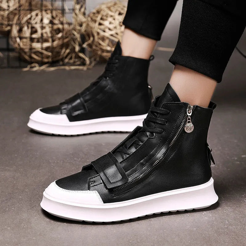 PU leather men's ankle boots in black and white, high-top sneaker style with microfiber upper, sizes 38-43