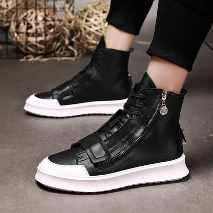 PU leather men's ankle boots in black and white, high-top sneaker style with microfiber upper, sizes 38-43