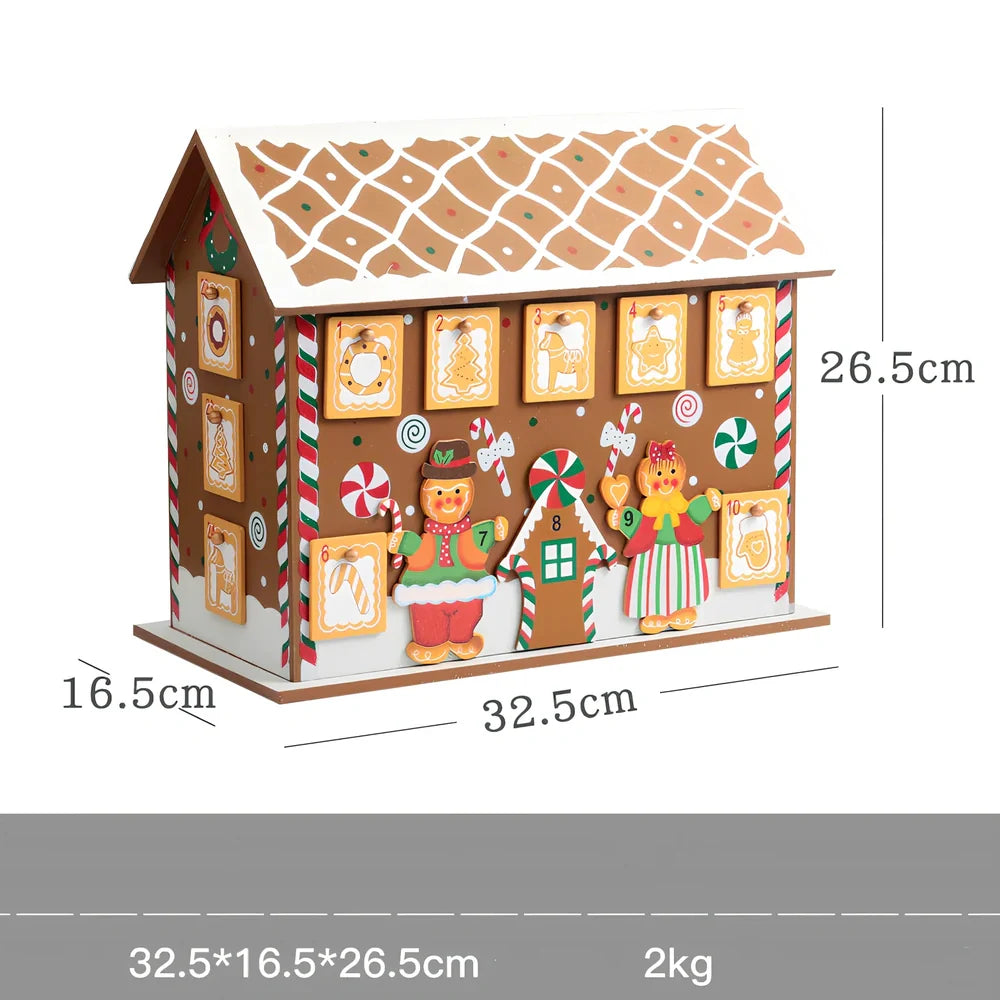 Wooden Christmas advent calendar with 24 numbered compartments in red and green colours measuring 37x32cm