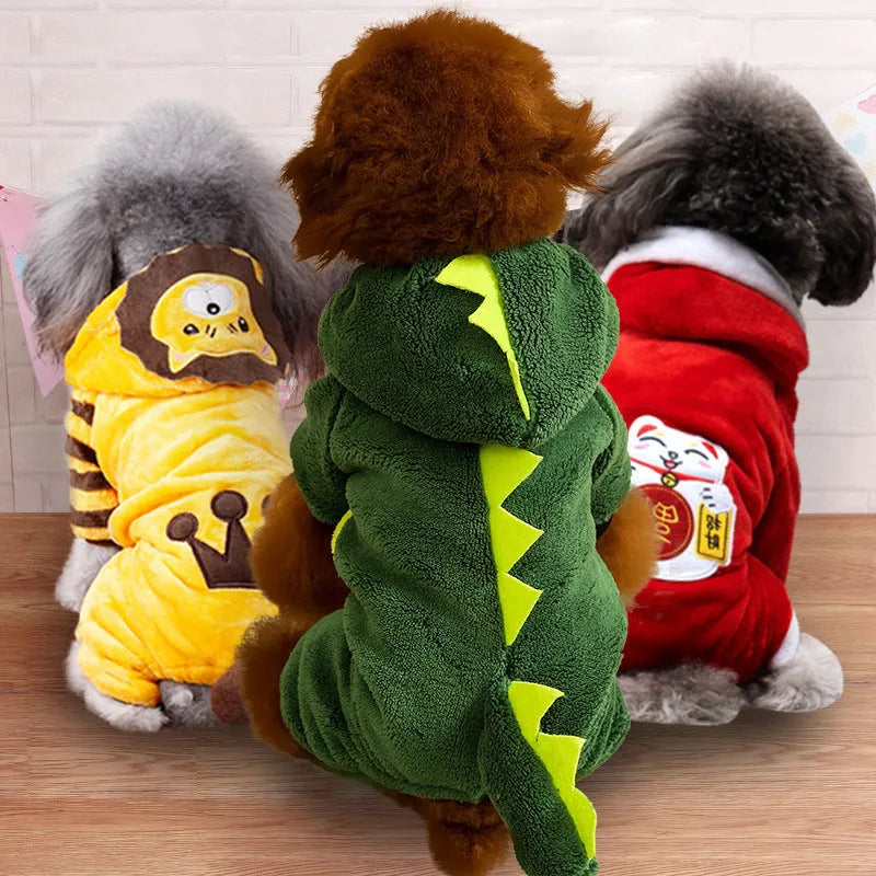 Coral fleece four-legged dog costume in cartoon style, sizes XS to 2XL, five character options