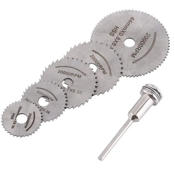 Set of six high-speed steel circular saw blades and a mandrel for woodworking tools.