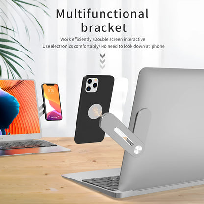 Silver aluminium alloy laptop side mount bracket holding a mobile phone next to a laptop screen.