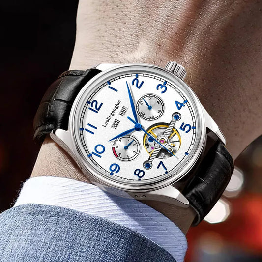 Men's stainless steel mechanical watch with sapphire crystal glass and genuine leather strap on wrist