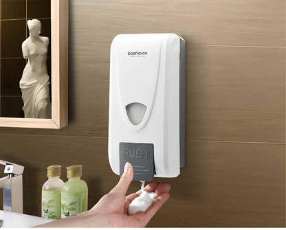 White wall-mounted hand press foam soap dispenser with 1000ml capacity and compact design