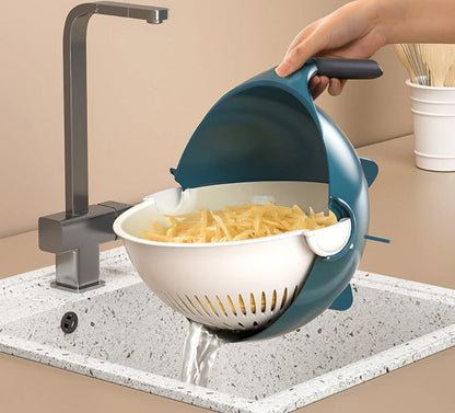 Versatile vegetable preparation station with interchangeable blades and built-in drainage basket for efficient meal prep