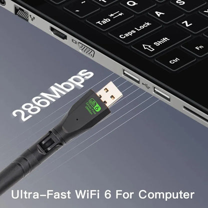 Black WiFi6 wireless network card with USB connector for computer connectivity