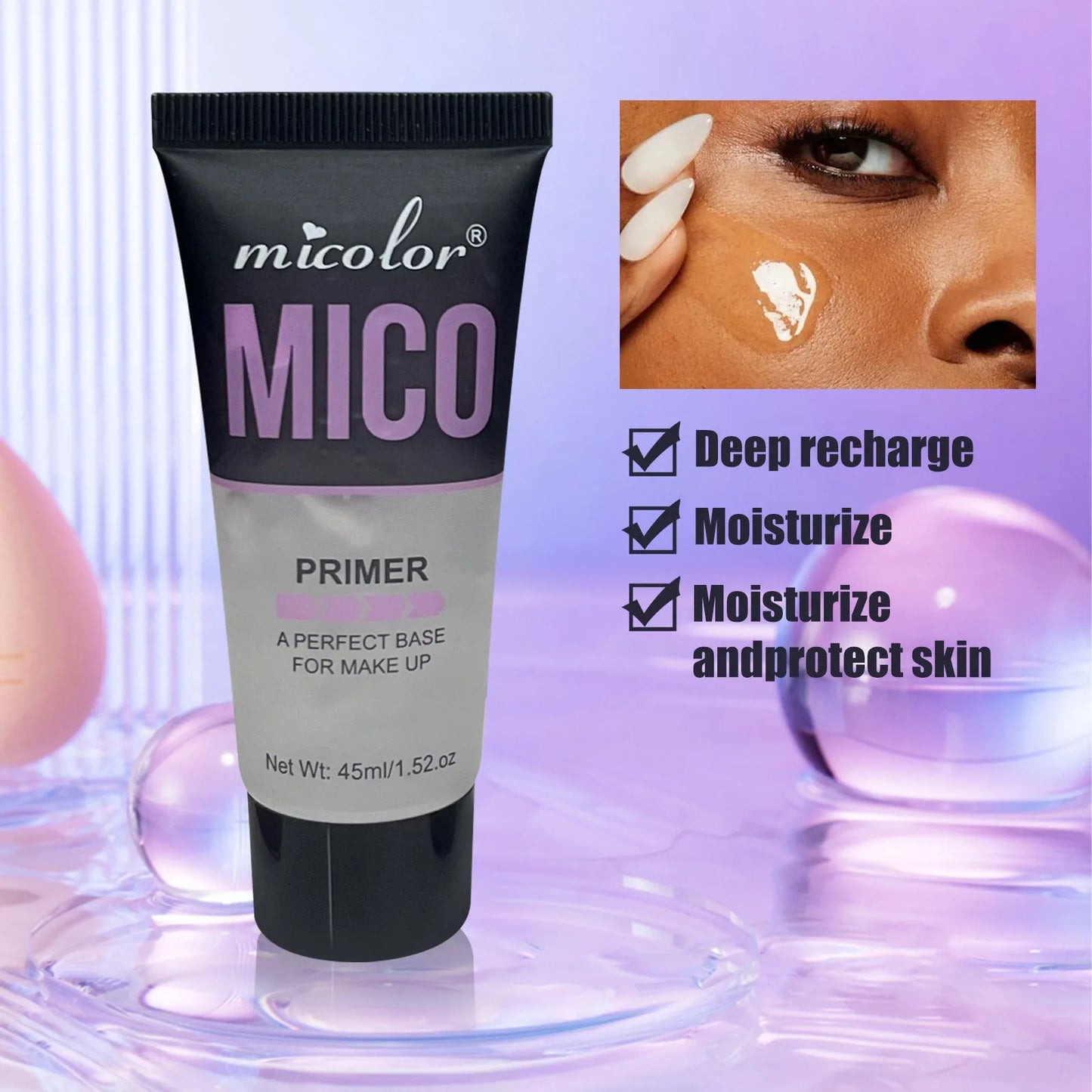 Two bottles of makeup primer and setting spray set, 45ml and 40ml, in monochrome packaging.
