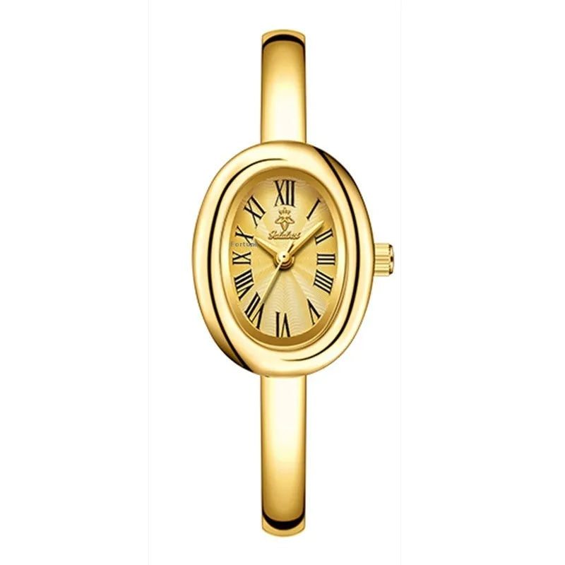 Women's oval retro quartz watch in gold colour with slim 8mm case thickness