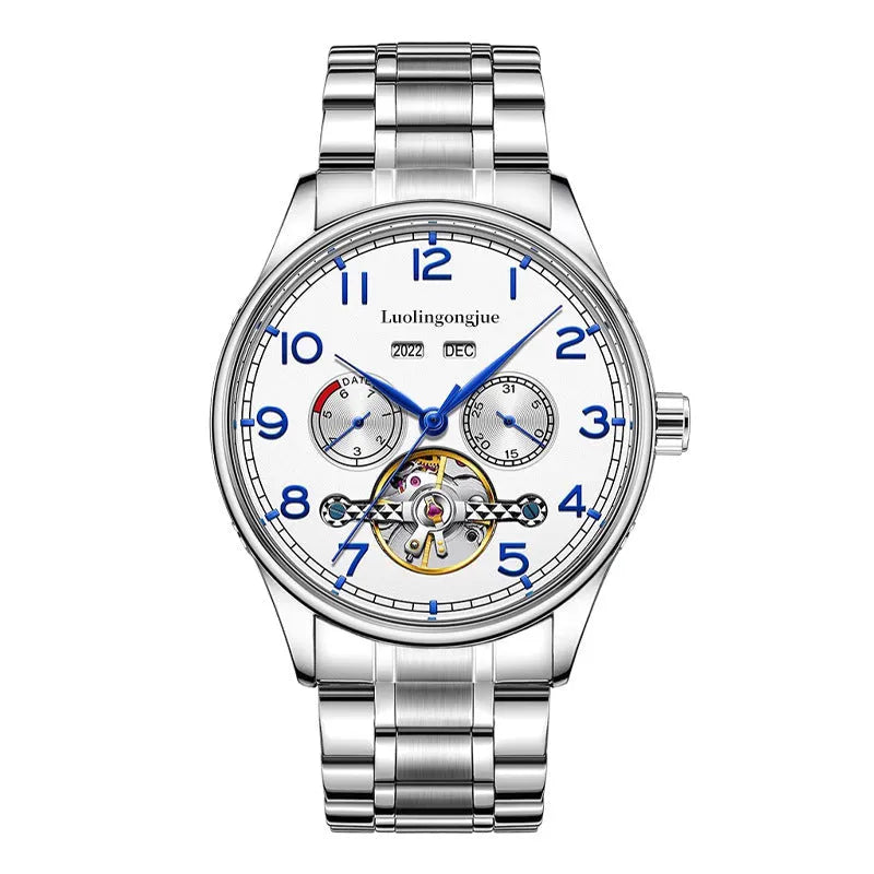 Men's stainless steel mechanical watch with sapphire crystal glass and genuine leather strap on wrist