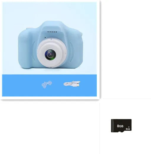 Colourful kids digital camera with silicone case showing 2-inch screen and lens.