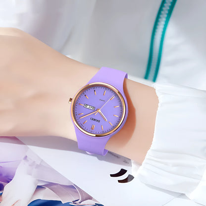 Silicone quartz watch for female students with 42mm dial in six colour options.