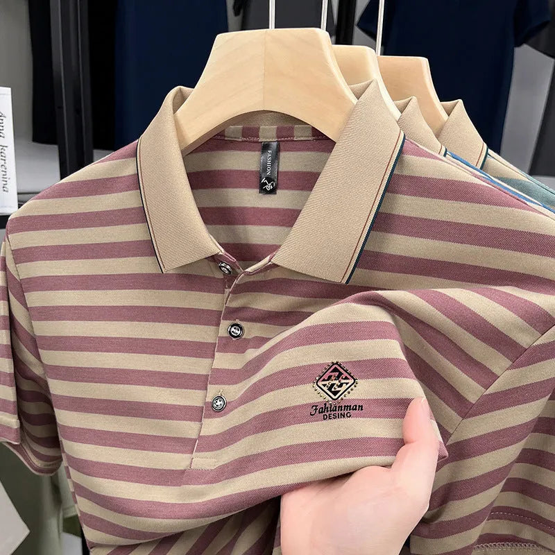 Men's striped mosaic pattern short sleeve casual top in blue, showing size label and fabric detail