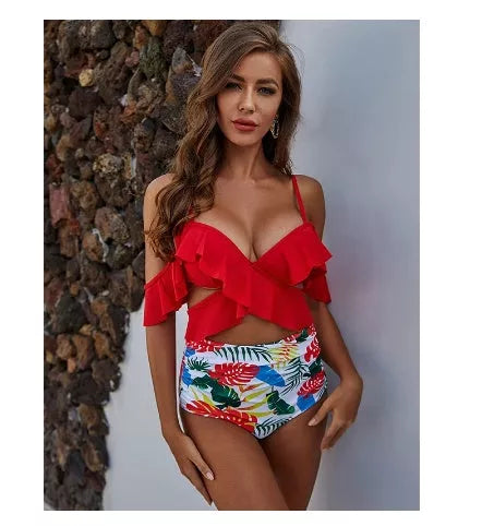 Women's high waist off-shoulder ruffled bikini in vibrant colors