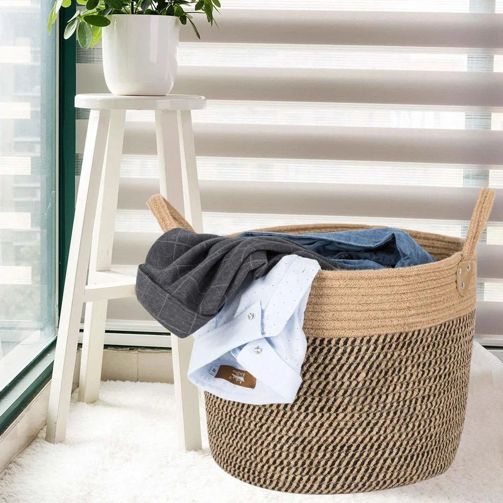 Brownish black hemp rope laundry basket with cotton linen insert showing 30L capacity and natural fibre construction