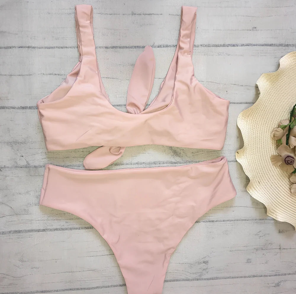 Women's solid colour polyester bikini set for swimming with European styling