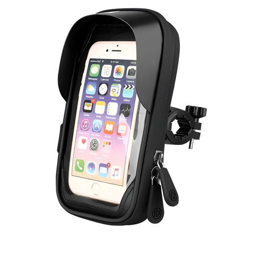 Black mobile phone mount with waterproof zipper attached to a bicycle handlebar, holding a smartphone.
