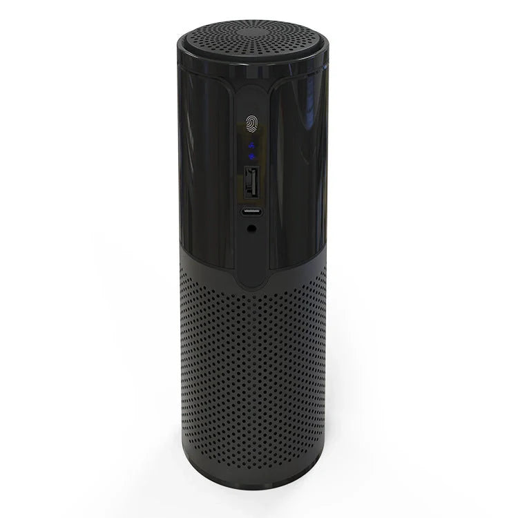 Compact car air purifier in black, reducing 99.9% of allergens with HEPA technology