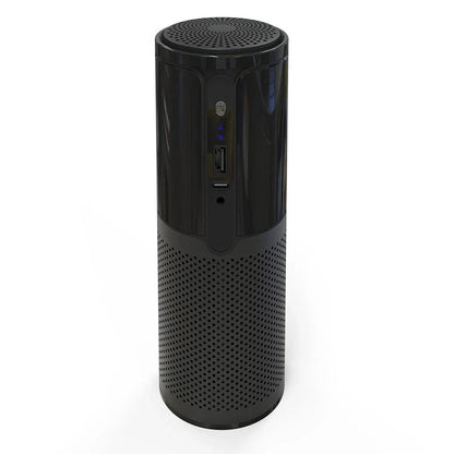 Compact car air purifier in black, reducing 99.9% of allergens with HEPA technology
